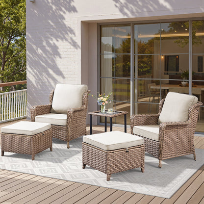 5-piece lounge set with side table and two ottomans in wicker and beige cushions HouseOfZazla on Tampa Home & Garden Store