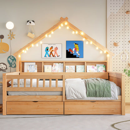 House Platform Bed with LED lights and storage drawers in natural wood by HouseOfZazla on Tampa Home & Garden Store