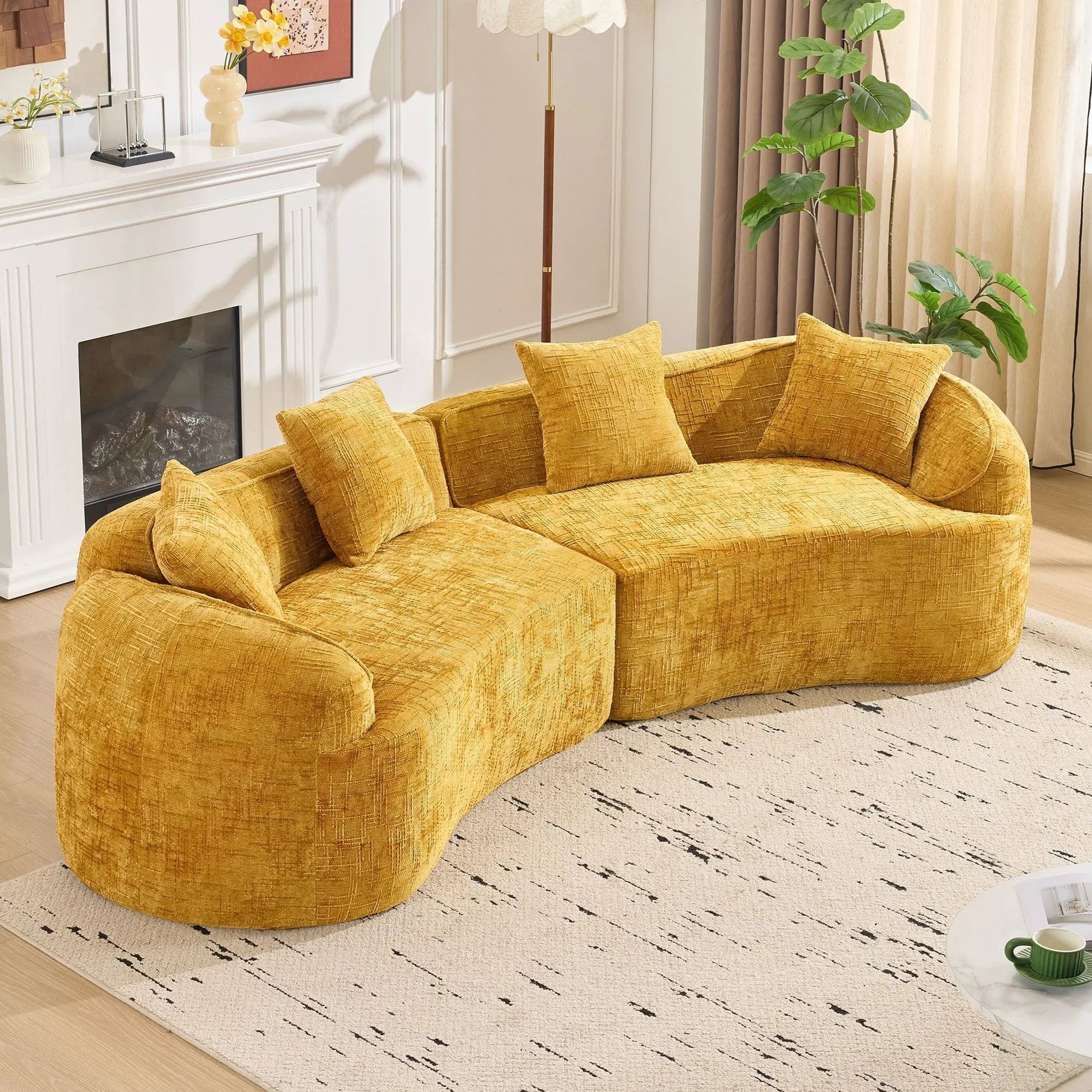 Curved Compressed Sofa in mustard textured fabric, stationary by Unique Piece Furniture on Tampa Home & Garden Store
