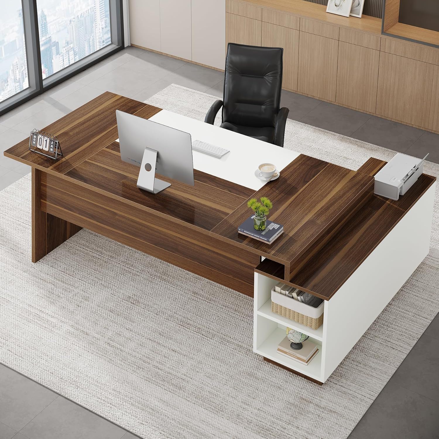 L-shaped executive desk in walnut and white with built-in storage cabinet and shelves on Tampa Home & Garden Store