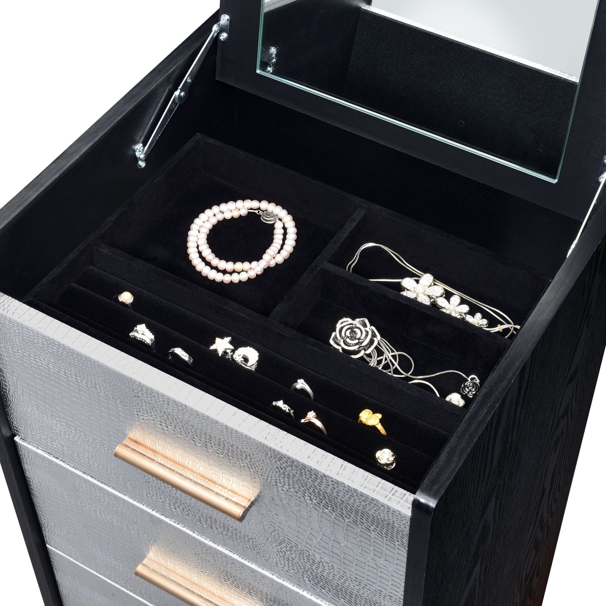 Myles Jewelry Armoire open view, black interior with pearl necklace, HouseOfZazla on Tampa Home & Garden Store