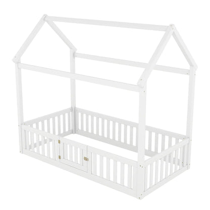 Wood House Bed with Fence and Door Sky Roof