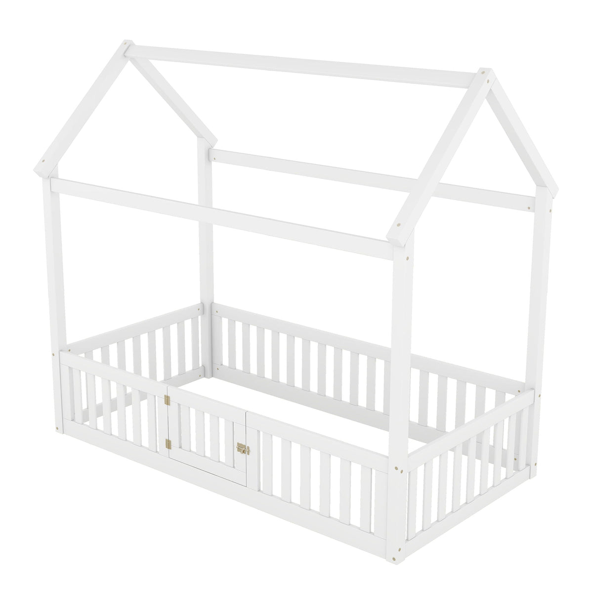 Wood house bed frame with fence and door in white, HouseOfZazla platform bed on Tampa Home & Garden Store