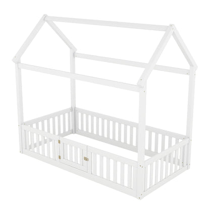 Wood house bed frame with fence and door in white, HouseOfZazla platform bed on Tampa Home & Garden Store