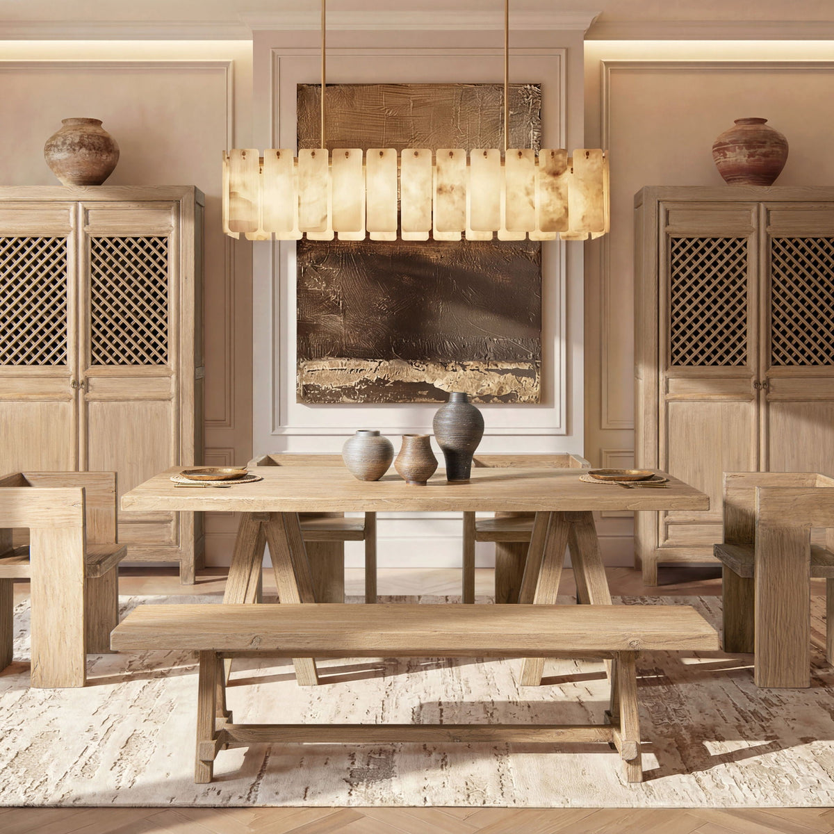 Natural Dining Bench with Pillar Base in solid reclaimed Elm, warm wood finish on Tampa Home & Garden Store