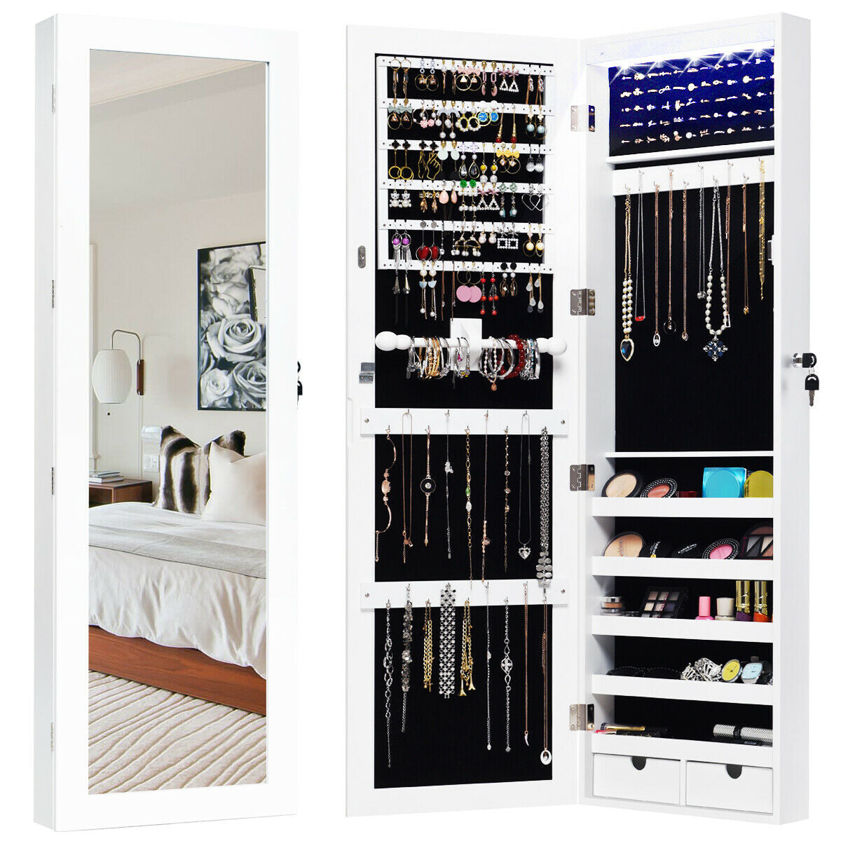 Gabinete de joyería con espejo, cerradura y luces LED para montar en la puerta