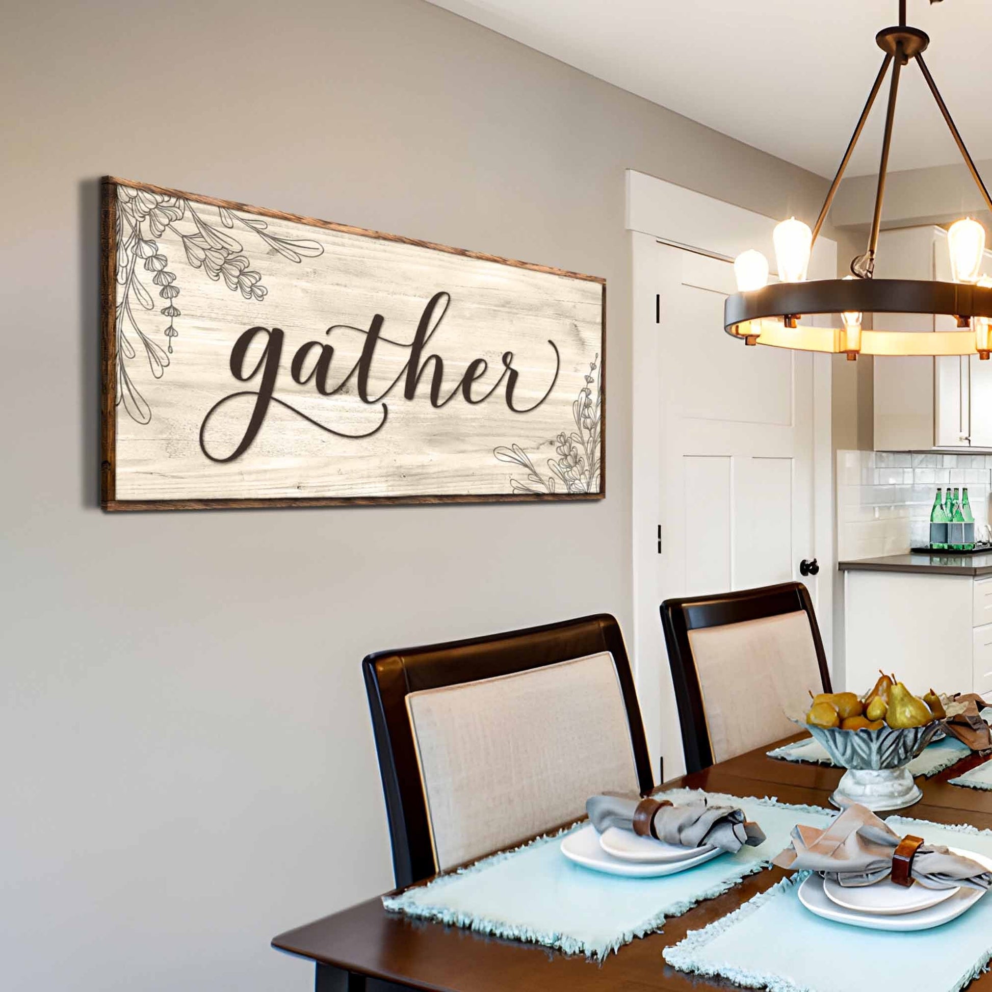 Gather Sign VIII canvas art with whitewashed wood frame and floral border Tailored Canvases on Tampa Home & Garden Store