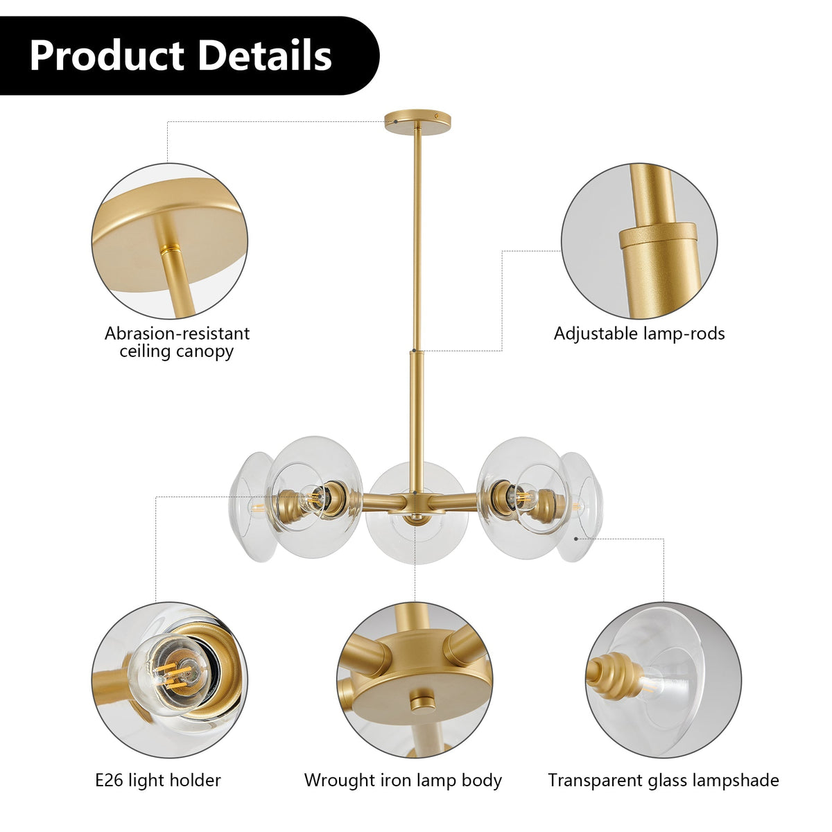 26in Modern Gold 5-Light Sputnik Chandelier with Clear Glass Shades by HouseOfZazla on Tampa Home & Garden Store