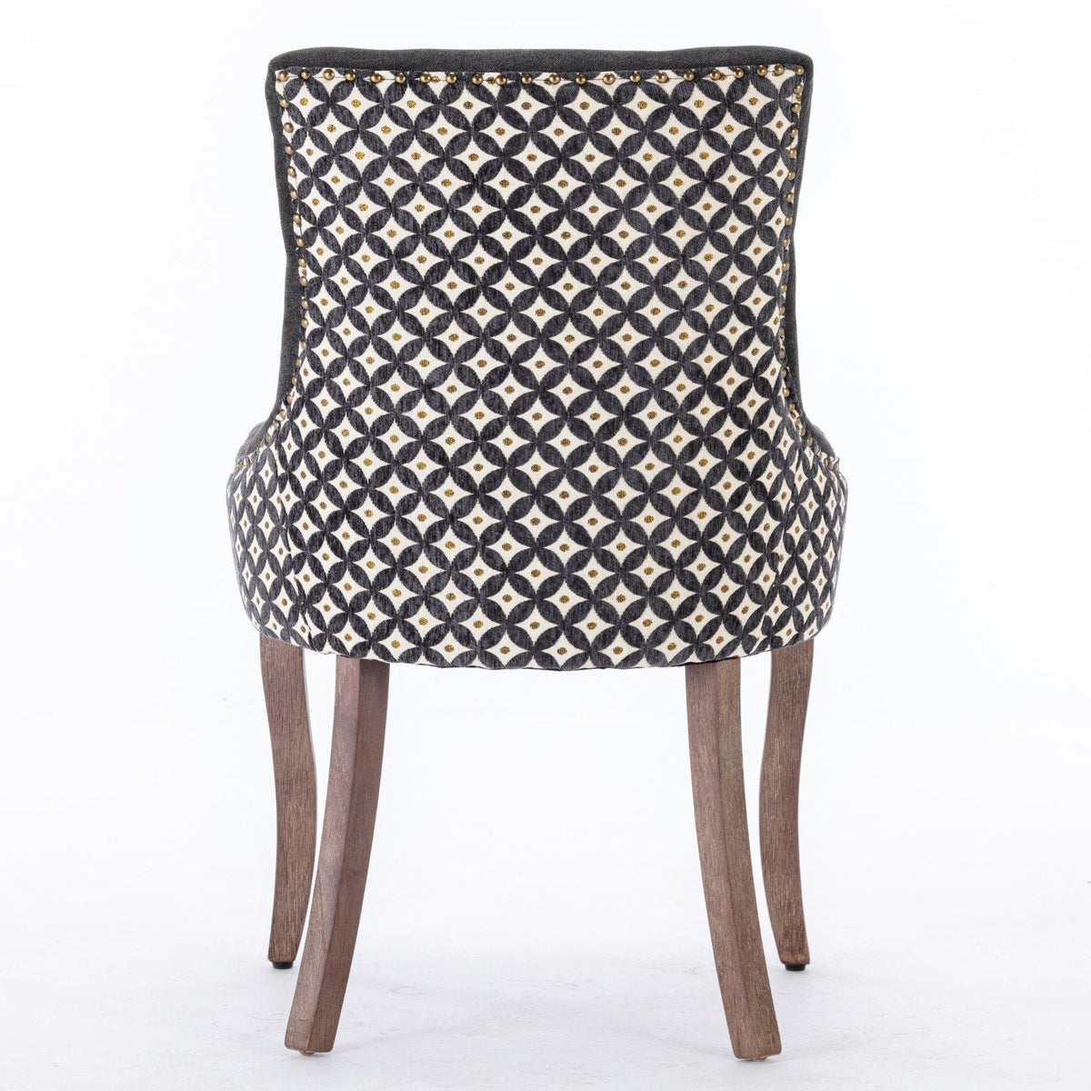 Ultra side dining chair with solid wood legs, black white patterned fabric, gold studs on Tampa Home & Garden Store