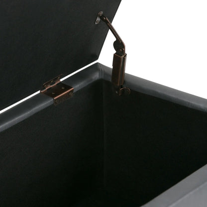 Avalon Storage Ottoman Bench black fabric with brown leather straps and hinges Unique Piece on Tampa Home & Garden Store