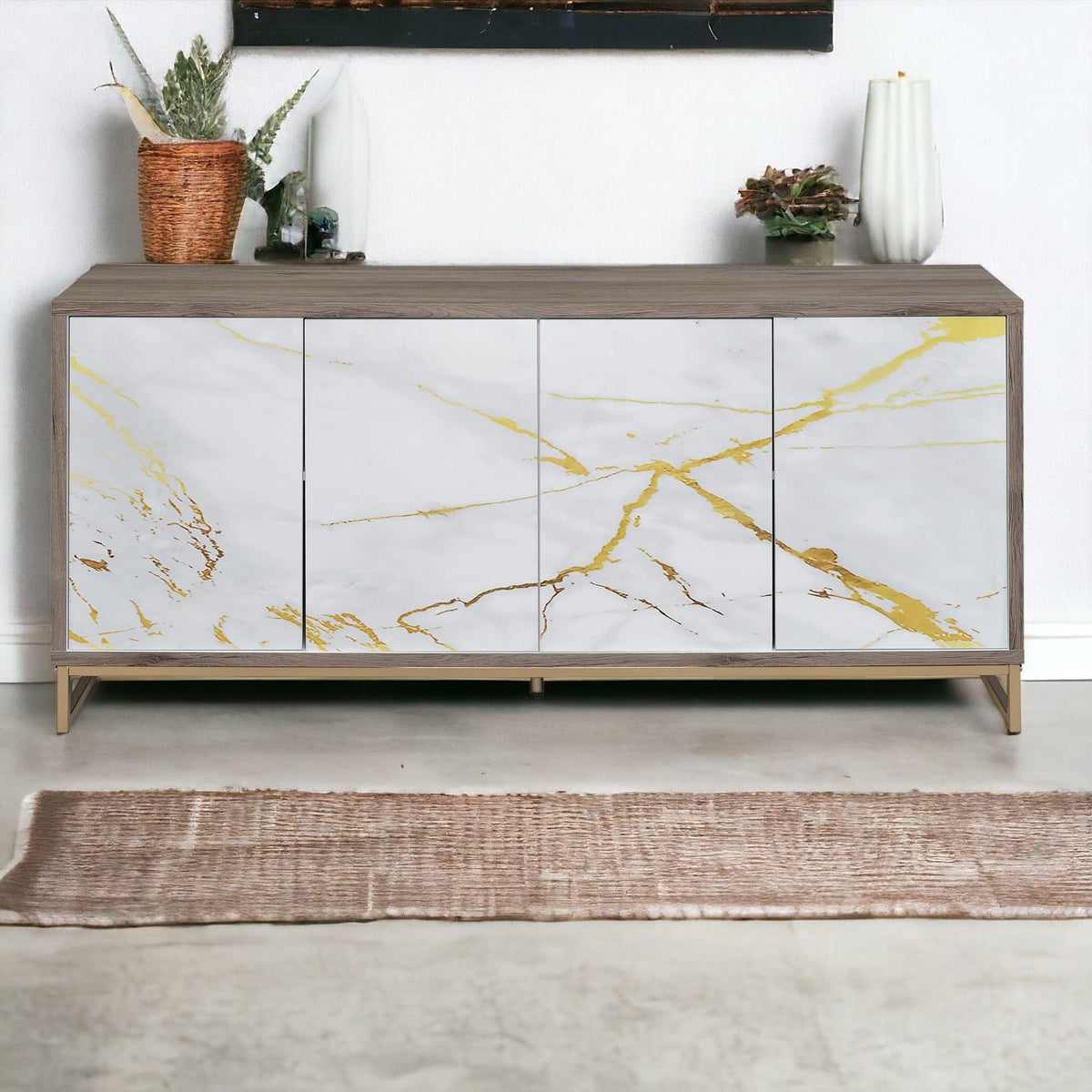 Paavan console cabinet with ample storage; white marble panel doors, wood frame, champagne legs on Tampa Home & Garden Store