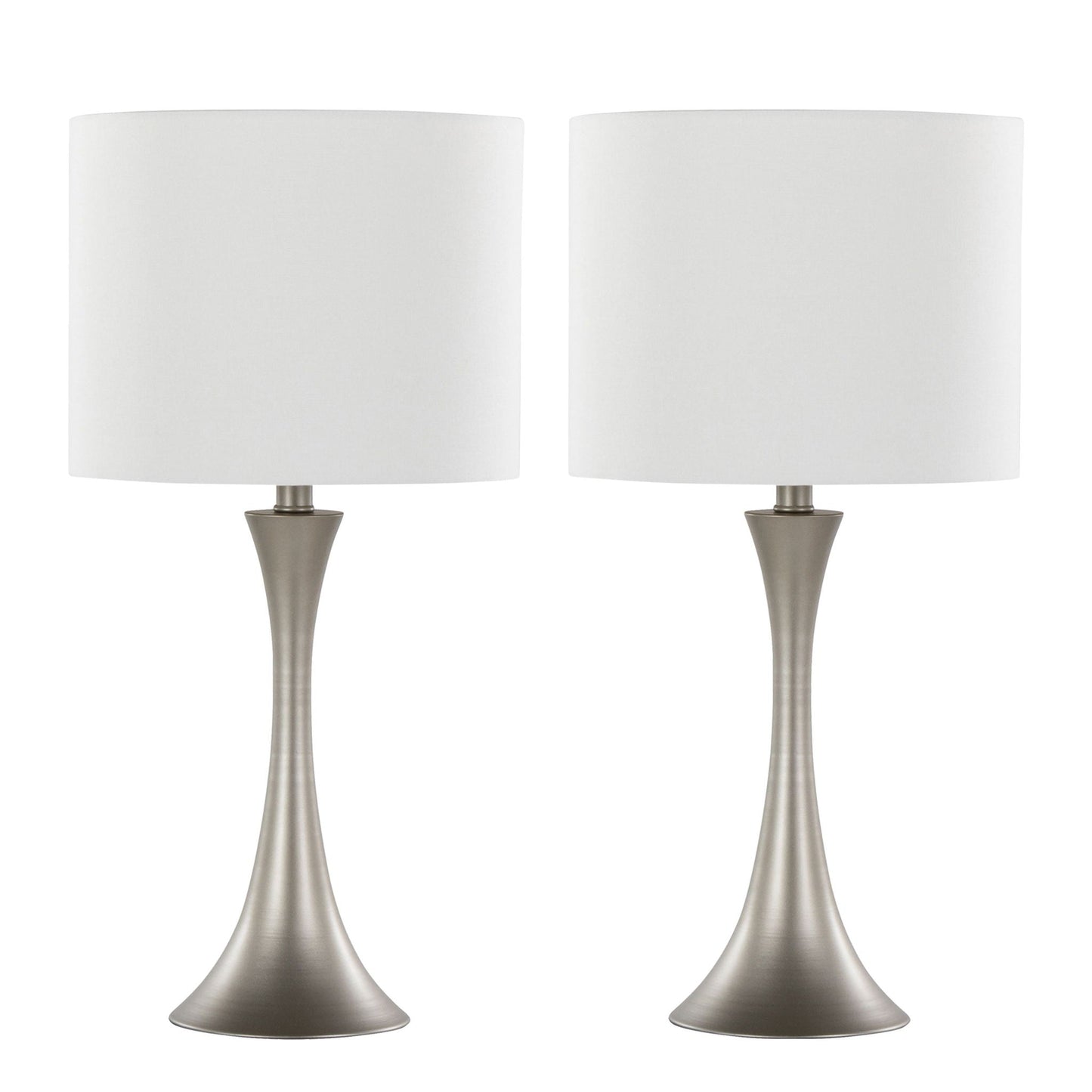 Lenuxe contemporary table lamp set of 2 with white fabric drum shades and brushed nickel stems on Tampa Home & Garden Store