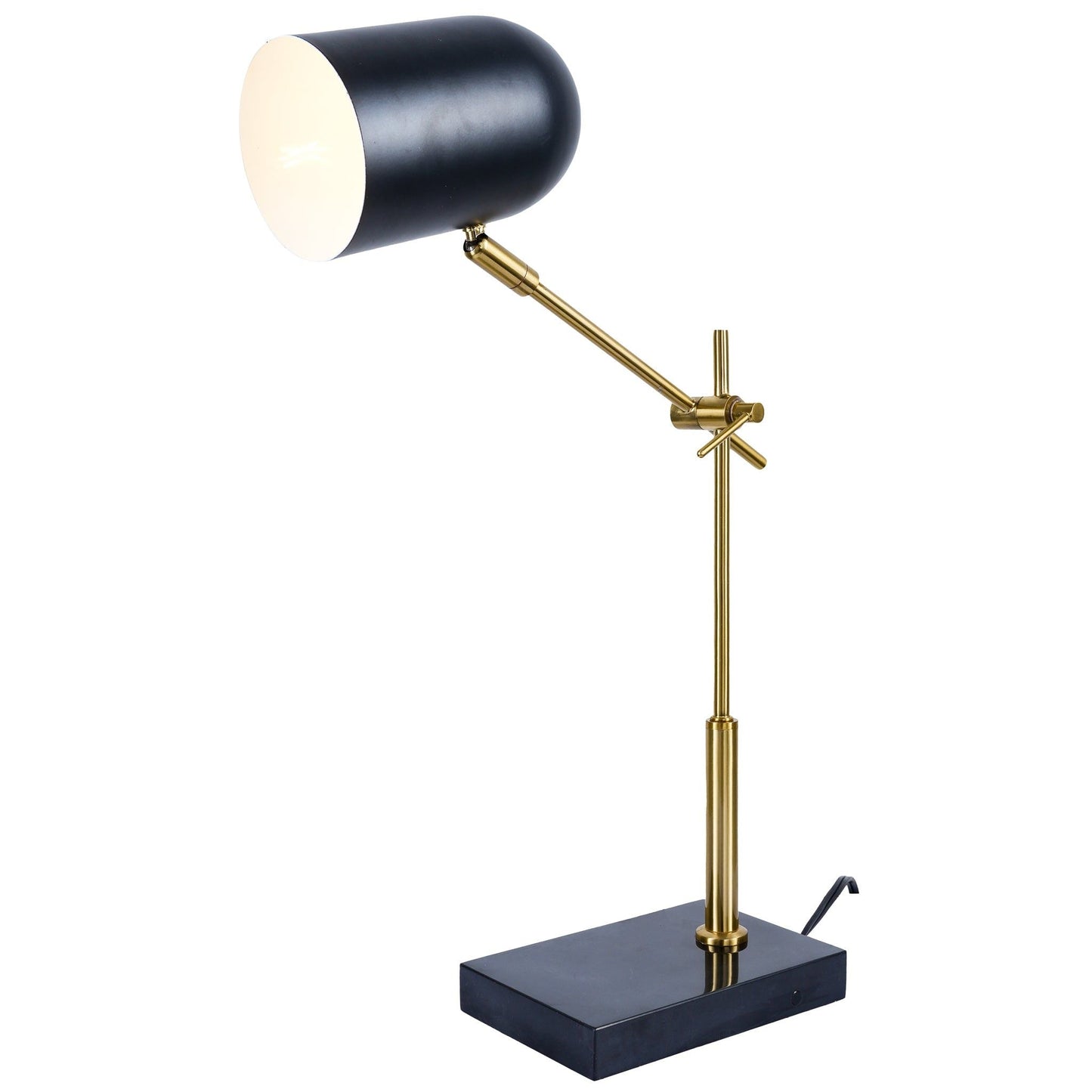 Lumora table lamp with black shade and brass stem on black rectangular base on Tampa Home & Garden Store