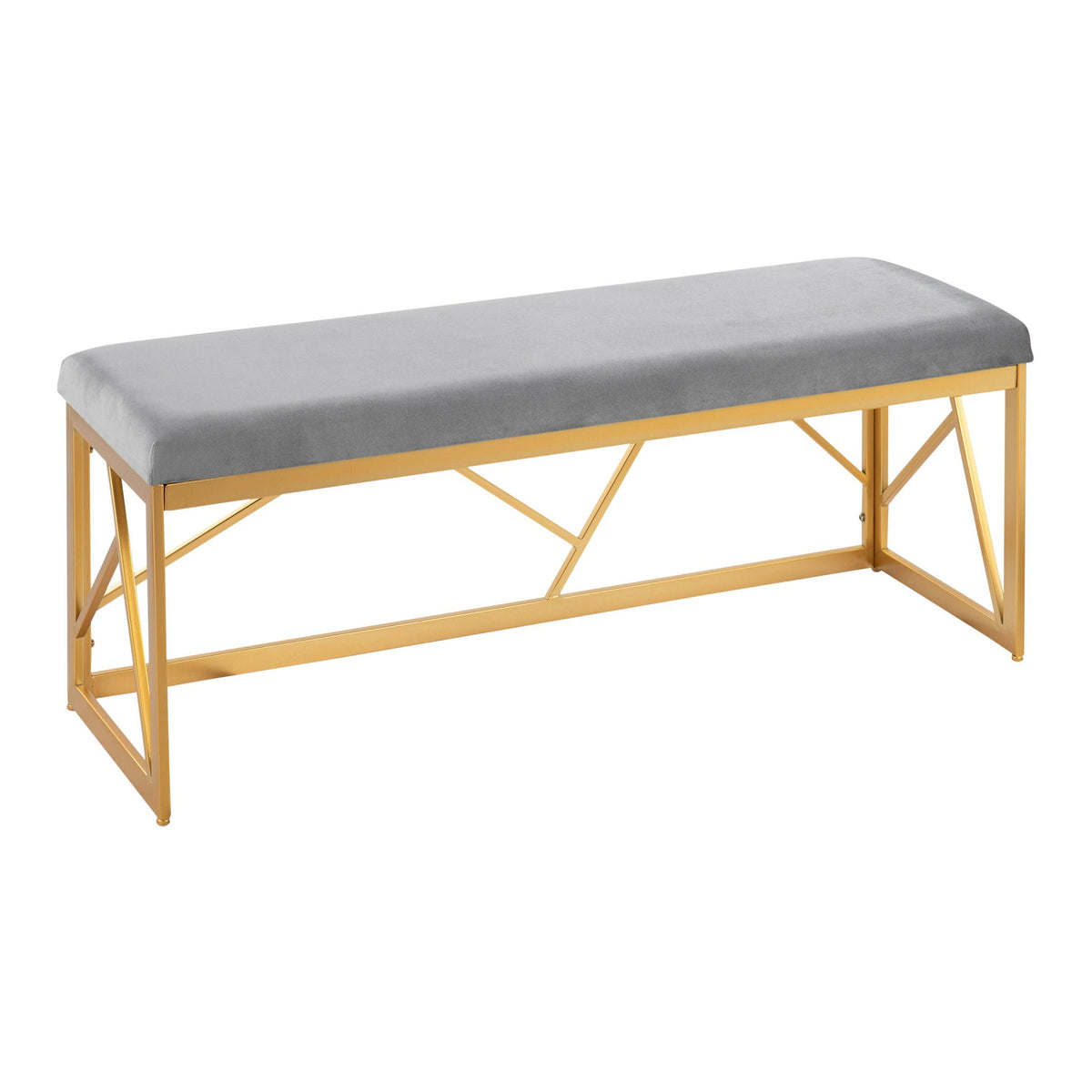 Glam upholstered bench with gray cushion and gold geometric metal frame by HouseOfZazla on Tampa Home & Garden Store