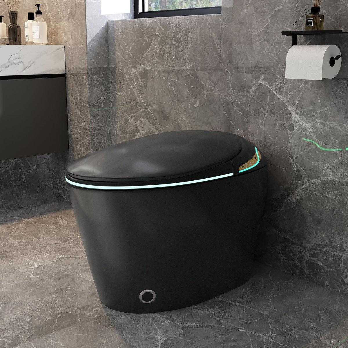 HouseOfZazla smart toilet with ceramic bidet in matte black, sleek rounded seat and cyan LED base light on Tampa Home & Garden Store