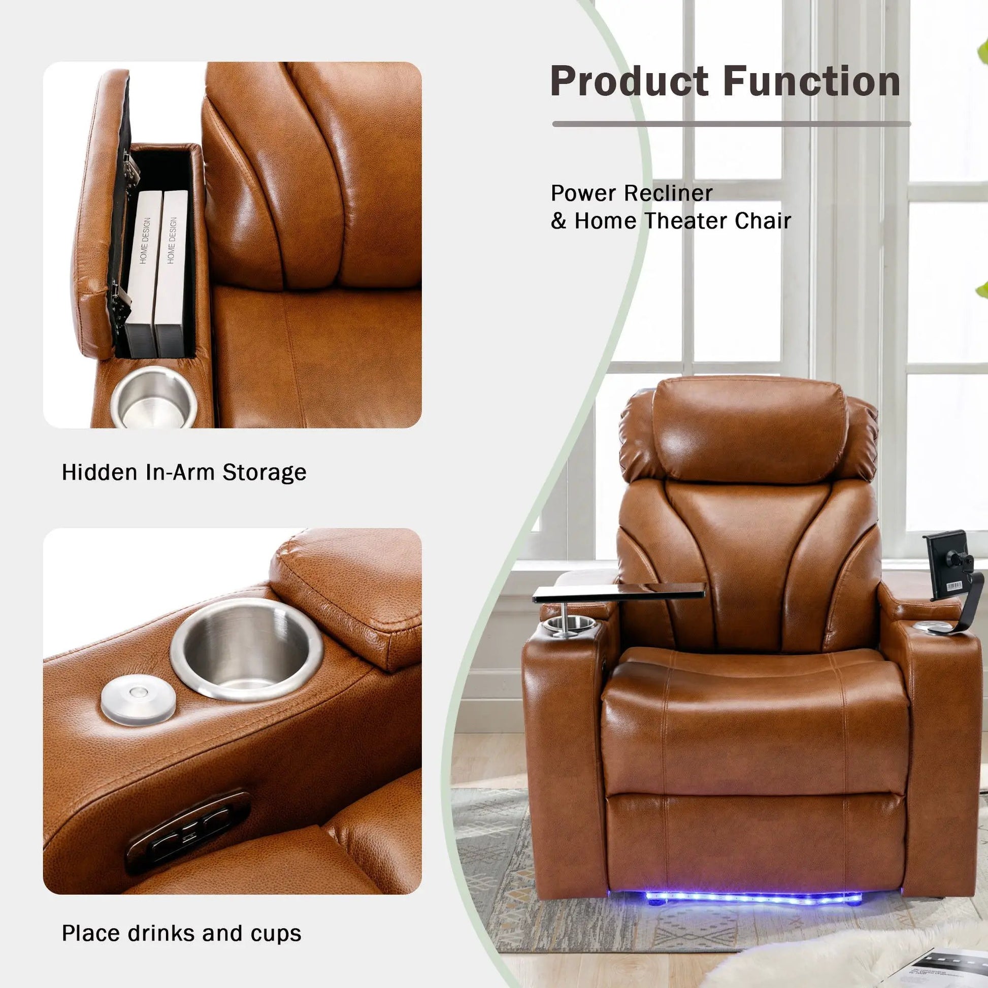Power Motion Recliner brown leather with USB hidden arm storage, cup holder by Unique Piece Furniture on Tampa Home & Garden Store