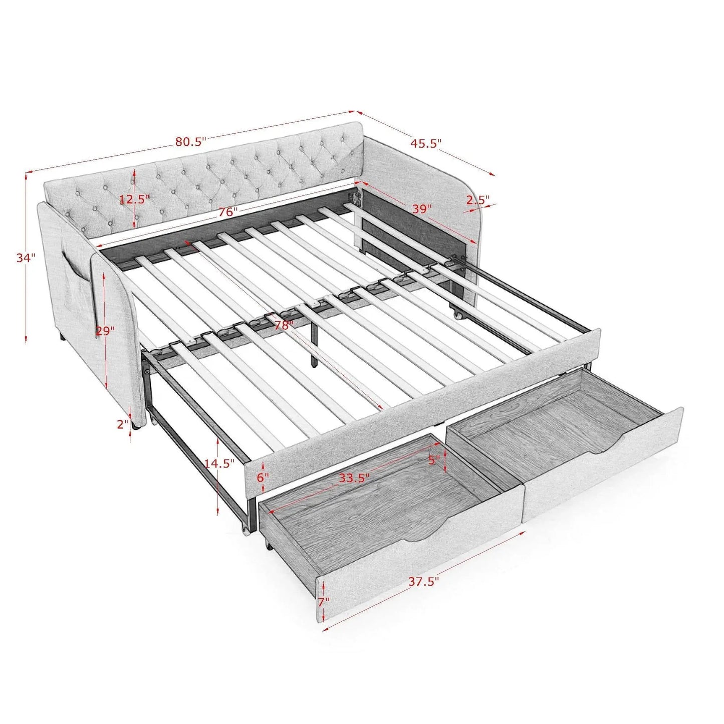 Daybed With Trundle and Storage Drawers Flat Arms