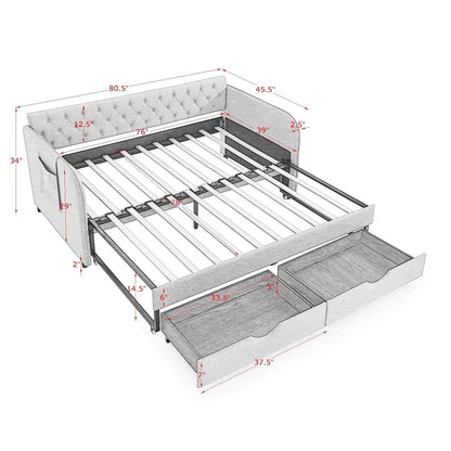 Daybed With Trundle and Storage Drawers Flat Arms