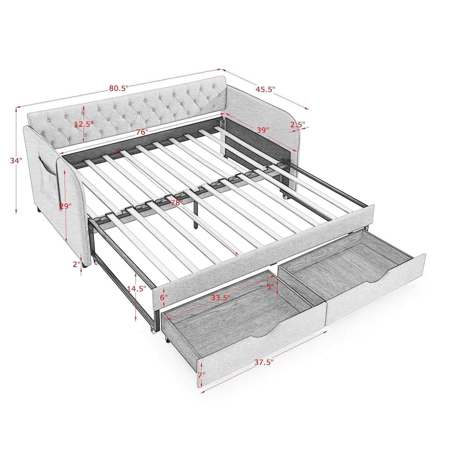 Modern Daybed with Trundle and Storage Drawers