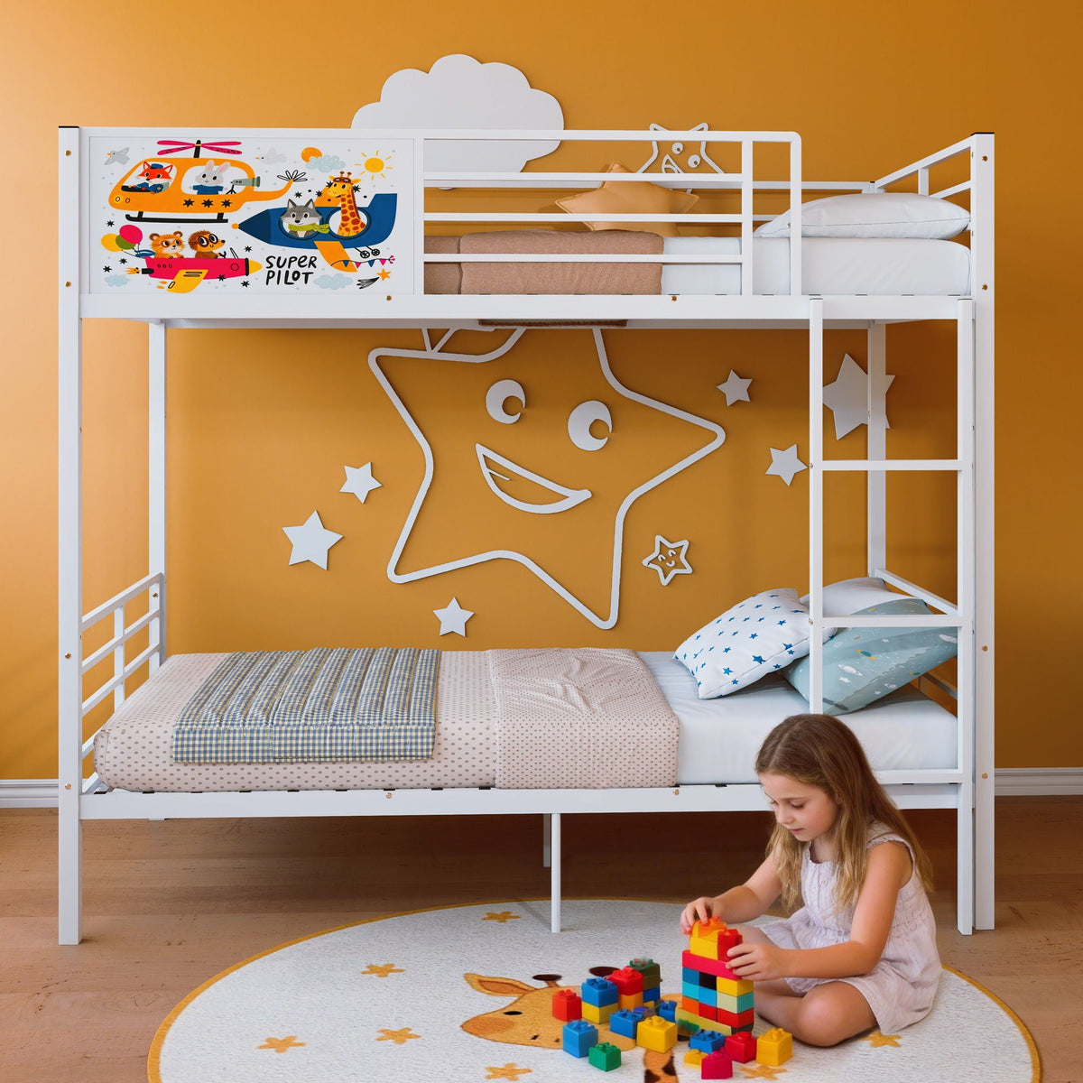 White bunk bed with ladder and guardrails; converts to two twin beds with colorful aircraft panel on Tampa Home & Garden Store