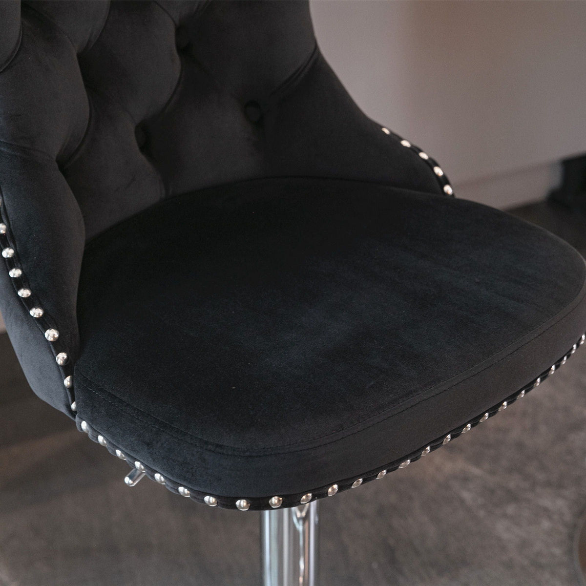 Swivel height barstool set in black velvet with nailhead trim and chrome base HouseOfZazla on Tampa Home & Garden Store