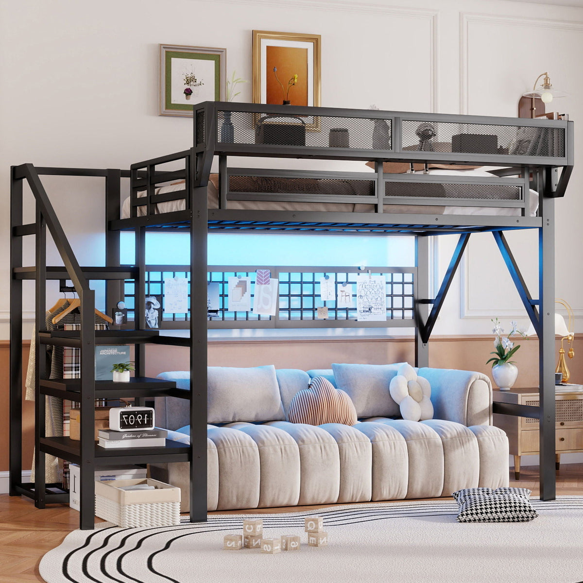 Loft bed with stairs and storage in black metal with mesh guardrails and a cozy under-bed area on Tampa Home & Garden Store