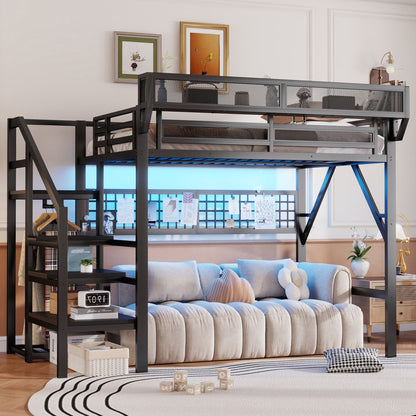 Loft bed with stairs and storage in black metal with mesh guardrails and a cozy under-bed area on Tampa Home & Garden Store