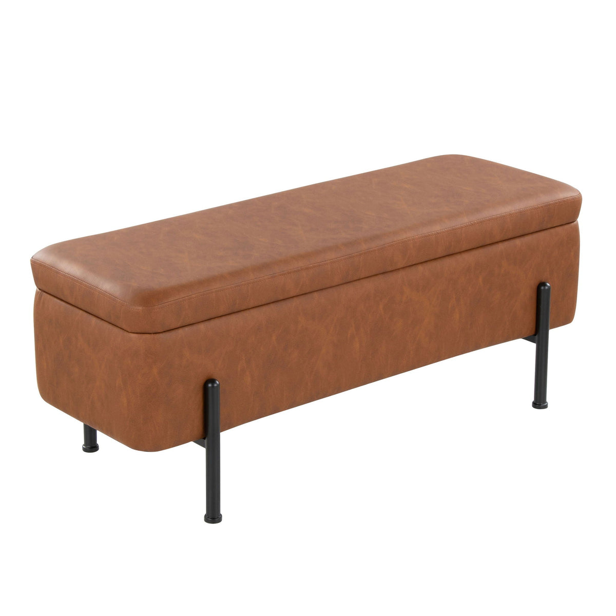 Contemporary Storage Bench with Flip-Top camel faux leather black metal legs HouseOfZazla on Tampa Home & Garden Store