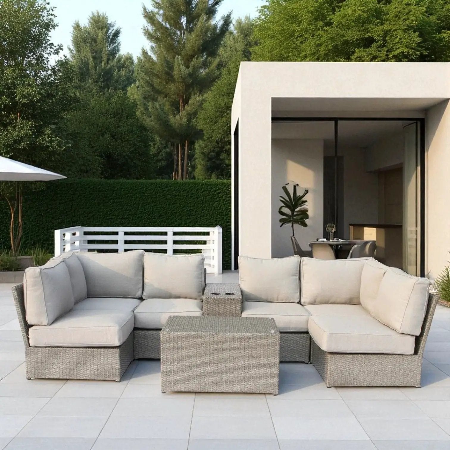 Stylish modular wicker patio seating group with light beige cushions, 4-piece outdoor set on Tampa Home & Garden Store