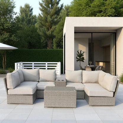 Stylish modular wicker patio seating group with light beige cushions, 4-piece outdoor set on Tampa Home & Garden Store