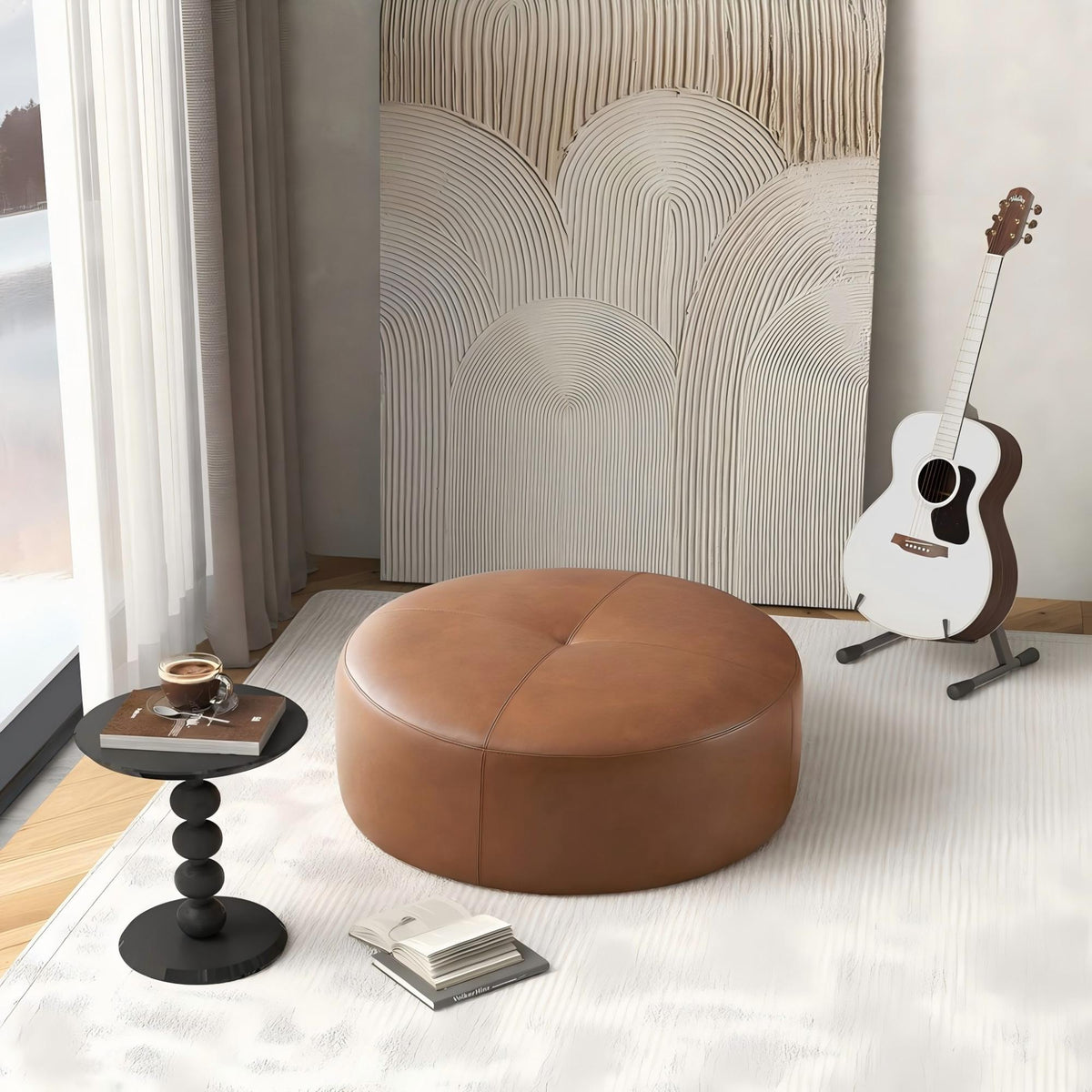 Tan leather ottoman, 36-inch round, mid-century modern upholstered by HouseOfZazla on Tampa Home & Garden Store
