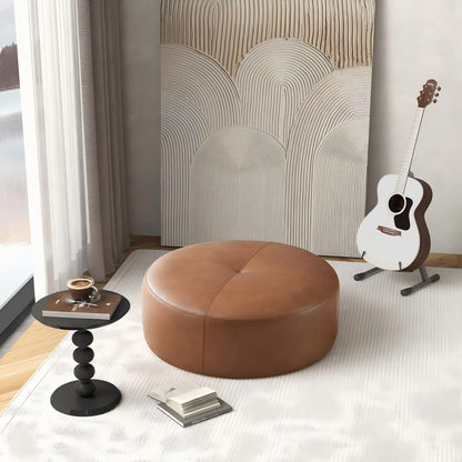 Tan leather ottoman, 36-inch round, mid-century modern upholstered by HouseOfZazla on Tampa Home & Garden Store