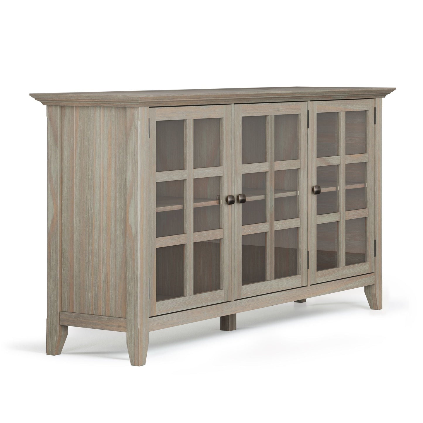 Acadian Wide Storage Accent Cabinet Handcrafted in graywashed wood with glass-front doors on Tampa Home & Garden Store