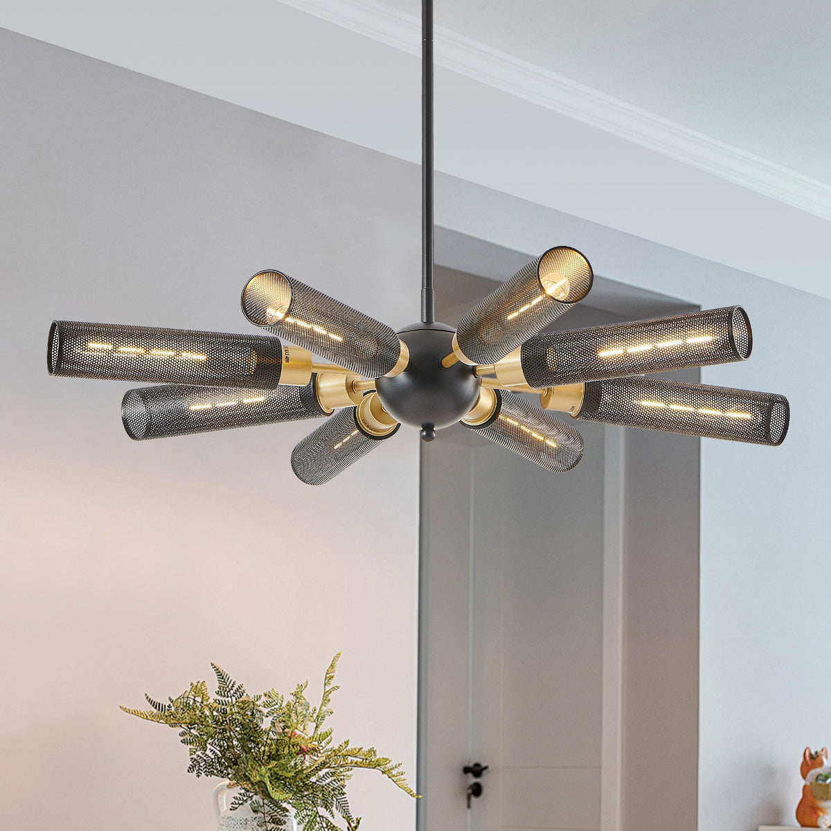 34' Modern Industrial Sputnik 8-Light Chandelier with perforated metal tubes and gold accents on Tampa Home & Garden Store