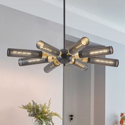 34' Modern Industrial Sputnik 8-Light Chandelier with perforated metal tubes and gold accents on Tampa Home & Garden Store