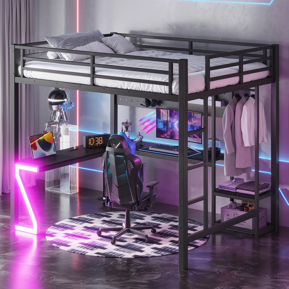 Queen Loft Bed with L-shaped desk in black metal frame with USB ports by HouseOfZazla on Tampa Home & Garden Store