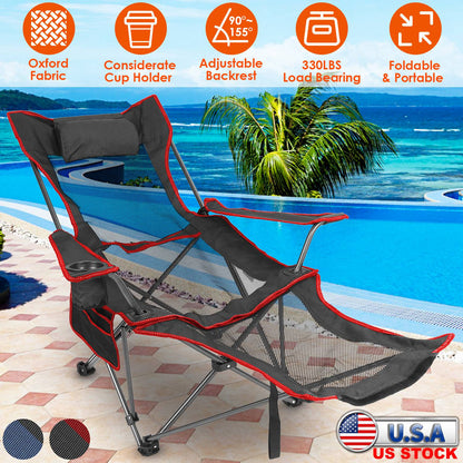 GemGear foldable camping chair black with red trim, reclining back, cup holder and side pocket on Tampa Home & Garden Store