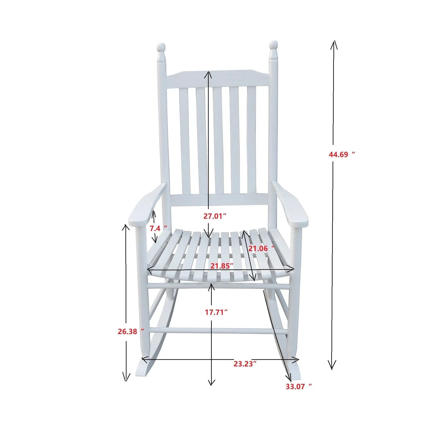 Wooden porch rocker chair in white with slatted backrest and curved armrests on Tampa Home & Garden Store