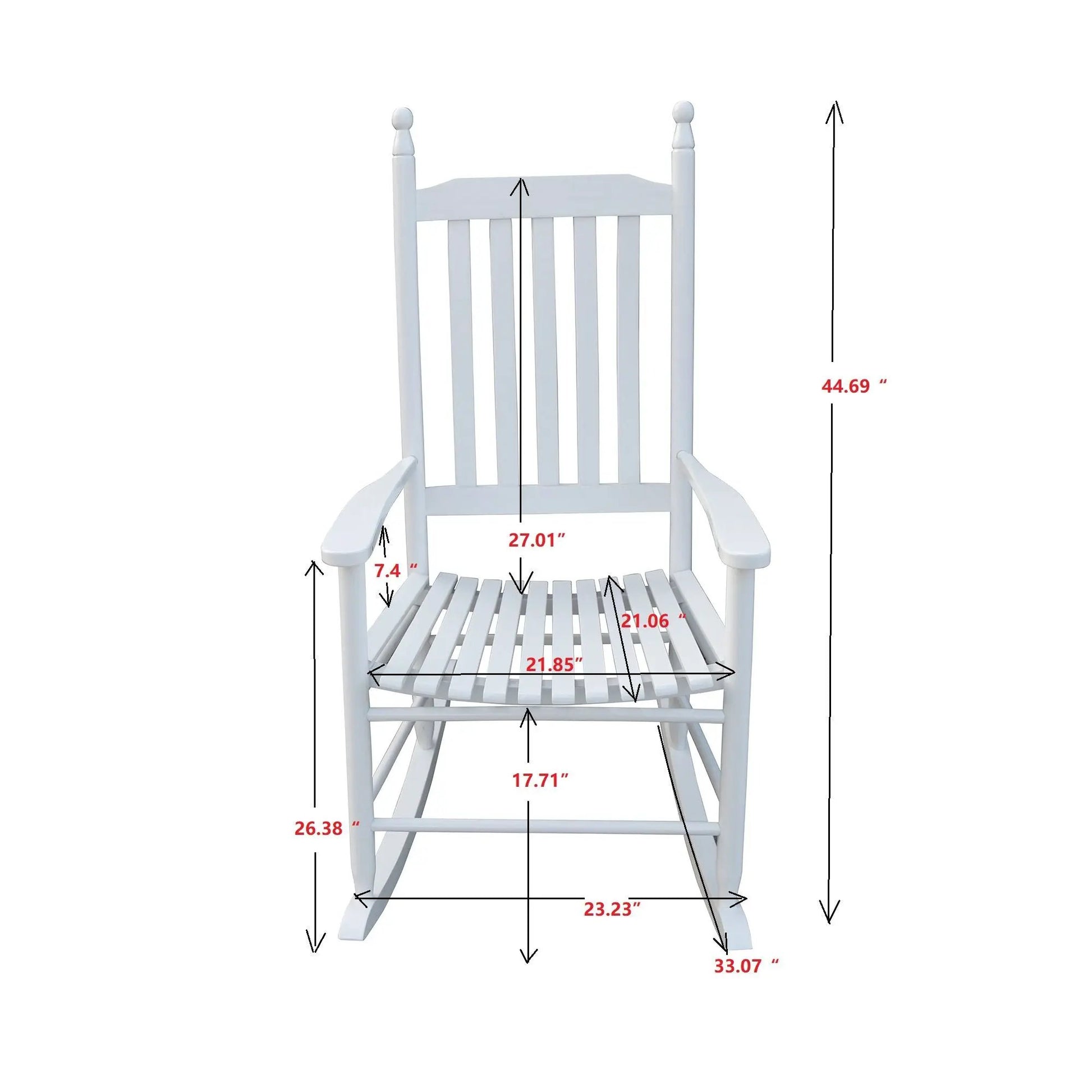 Wooden porch rocker chair in white with slatted backrest and curved armrests on Tampa Home & Garden Store