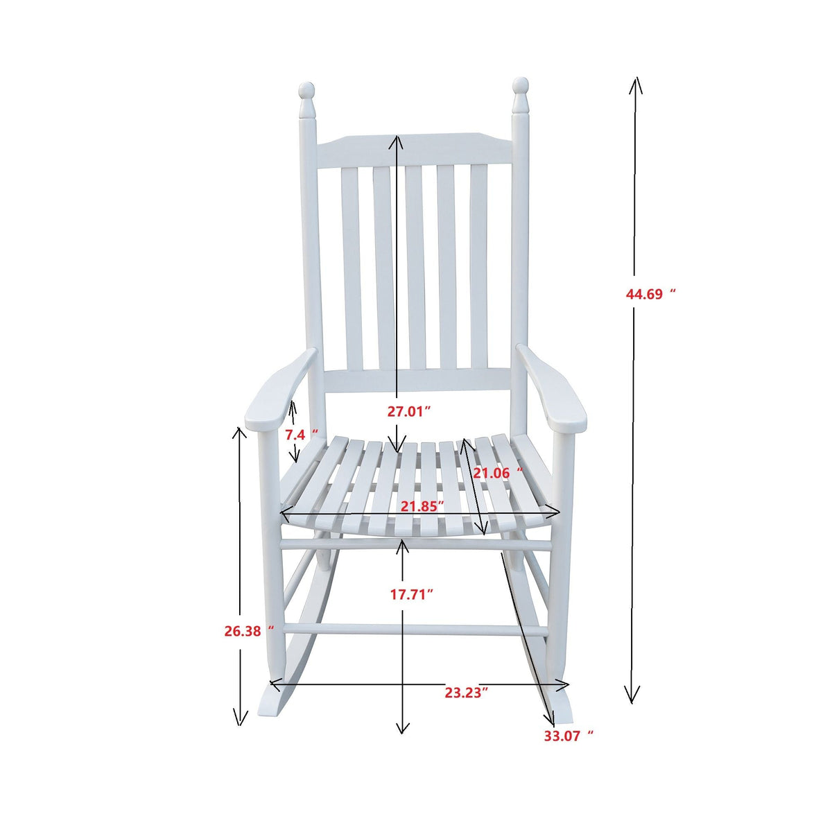 White wooden porch rocker with slat back and curved armrests, solid wood construction on Tampa Home & Garden Store