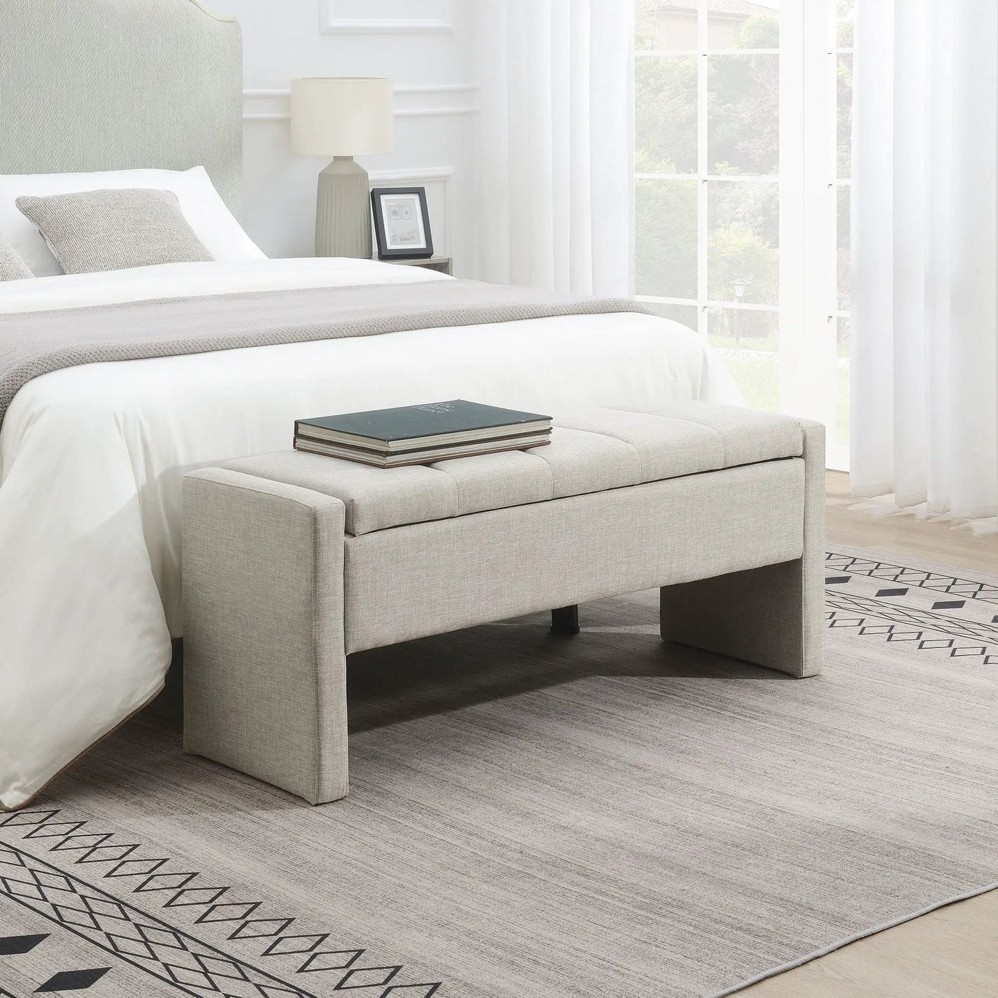 Modern upholstered bed end bench with storage, light gray fabric, black legs on Tampa Home & Garden Store