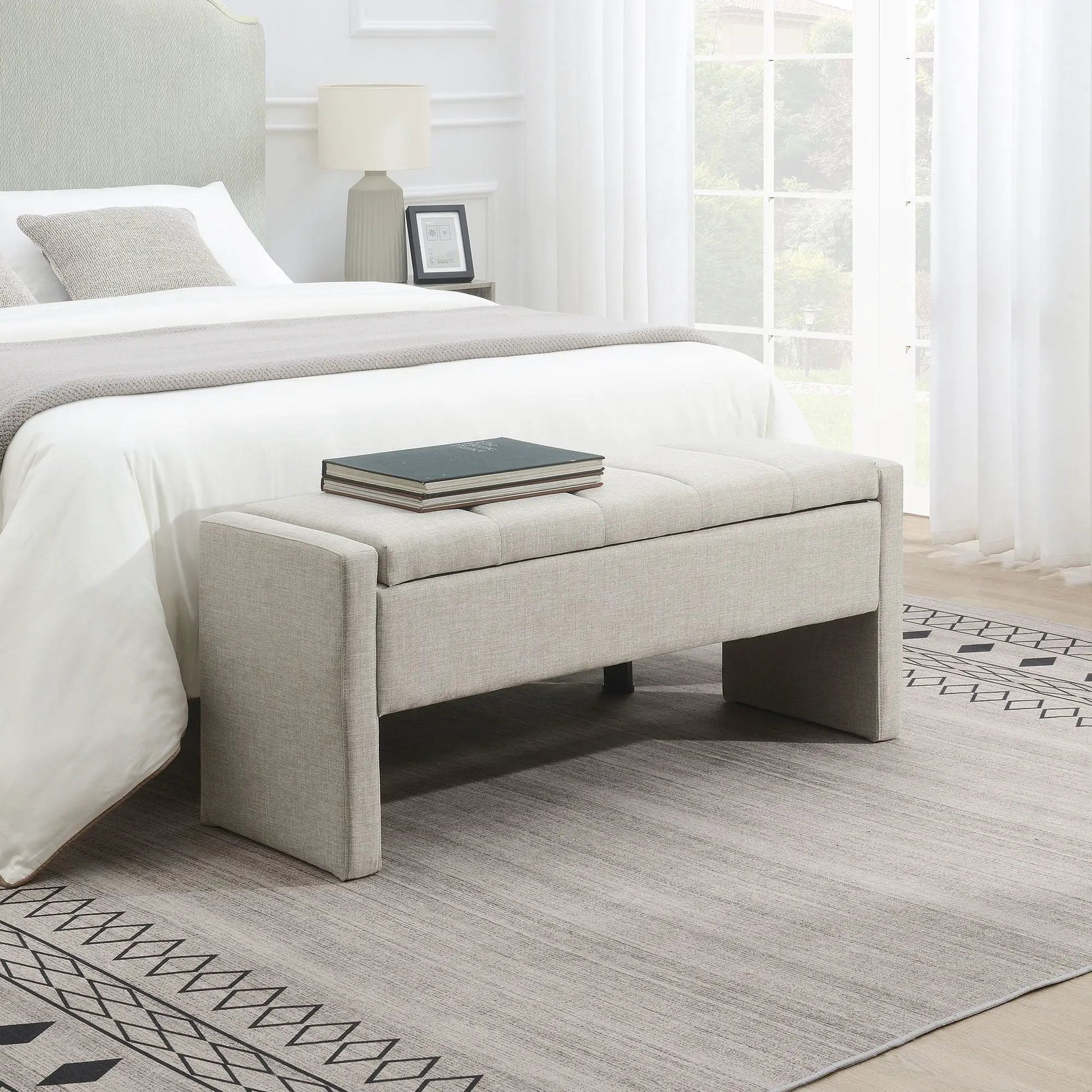 Modern upholstered bed end bench with storage, light gray fabric, black legs on Tampa Home & Garden Store