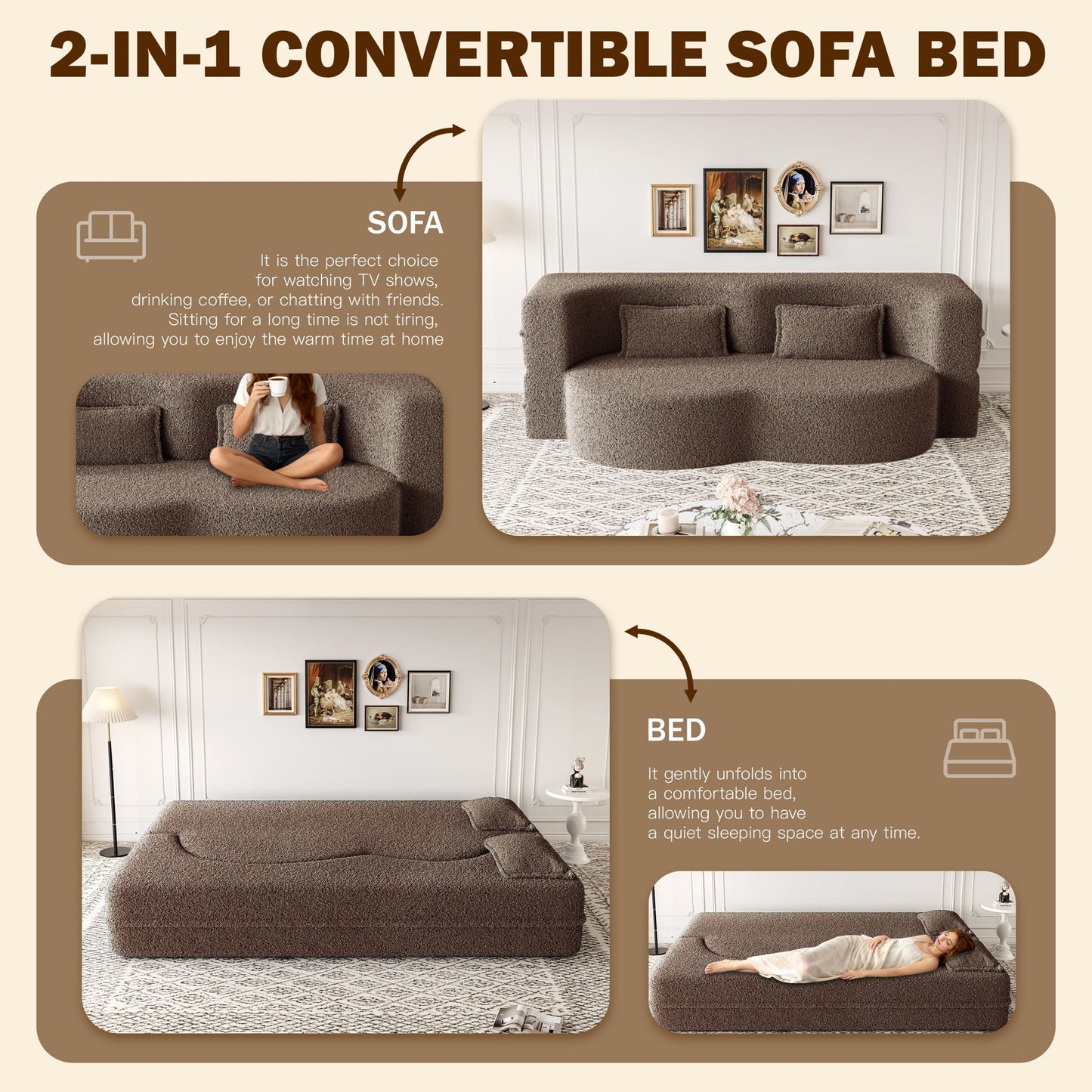 Modern Floor Sleeper Sofa Bed And Two Pillows