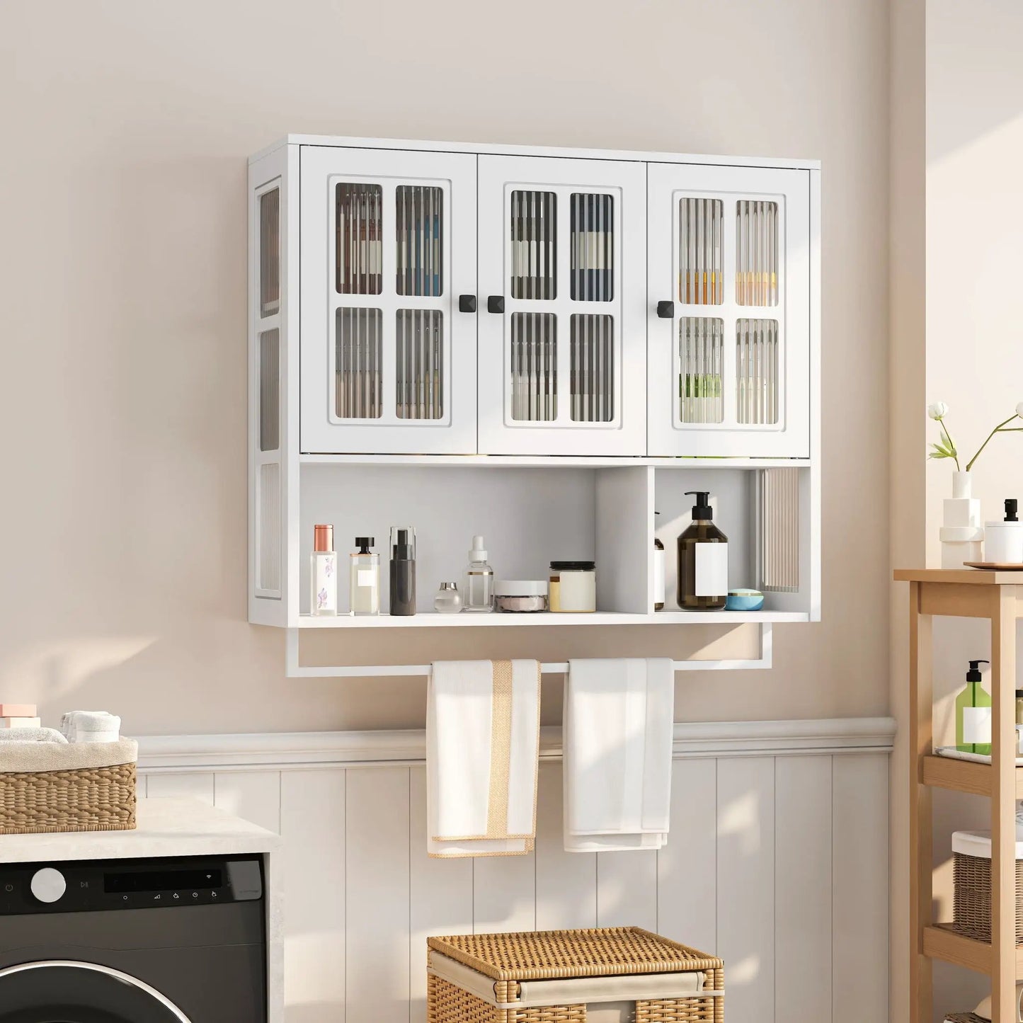 3-door glass-front wall display cabinet with towel bar in white finish, Unique Piece Furniture on Tampa Home & Garden Store