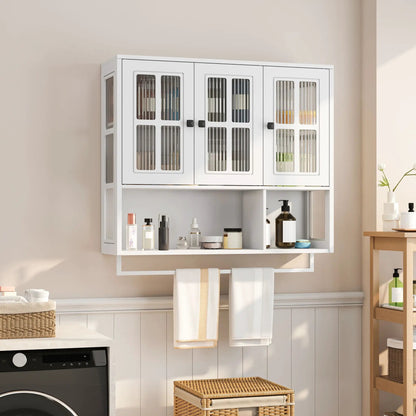 3-door glass-front wall display cabinet with towel bar in white finish, Unique Piece Furniture on Tampa Home & Garden Store