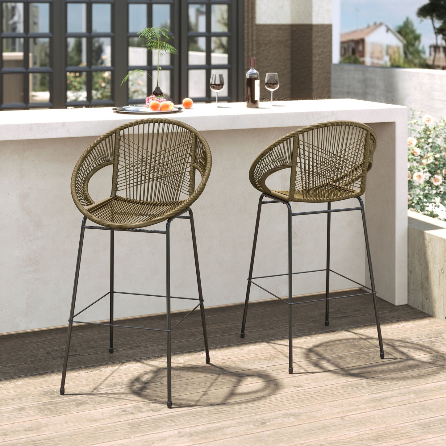 Ferrara outdoor patio barstools, set of 2, brown woven wicker with black metal legs on Tampa Home & Garden Store