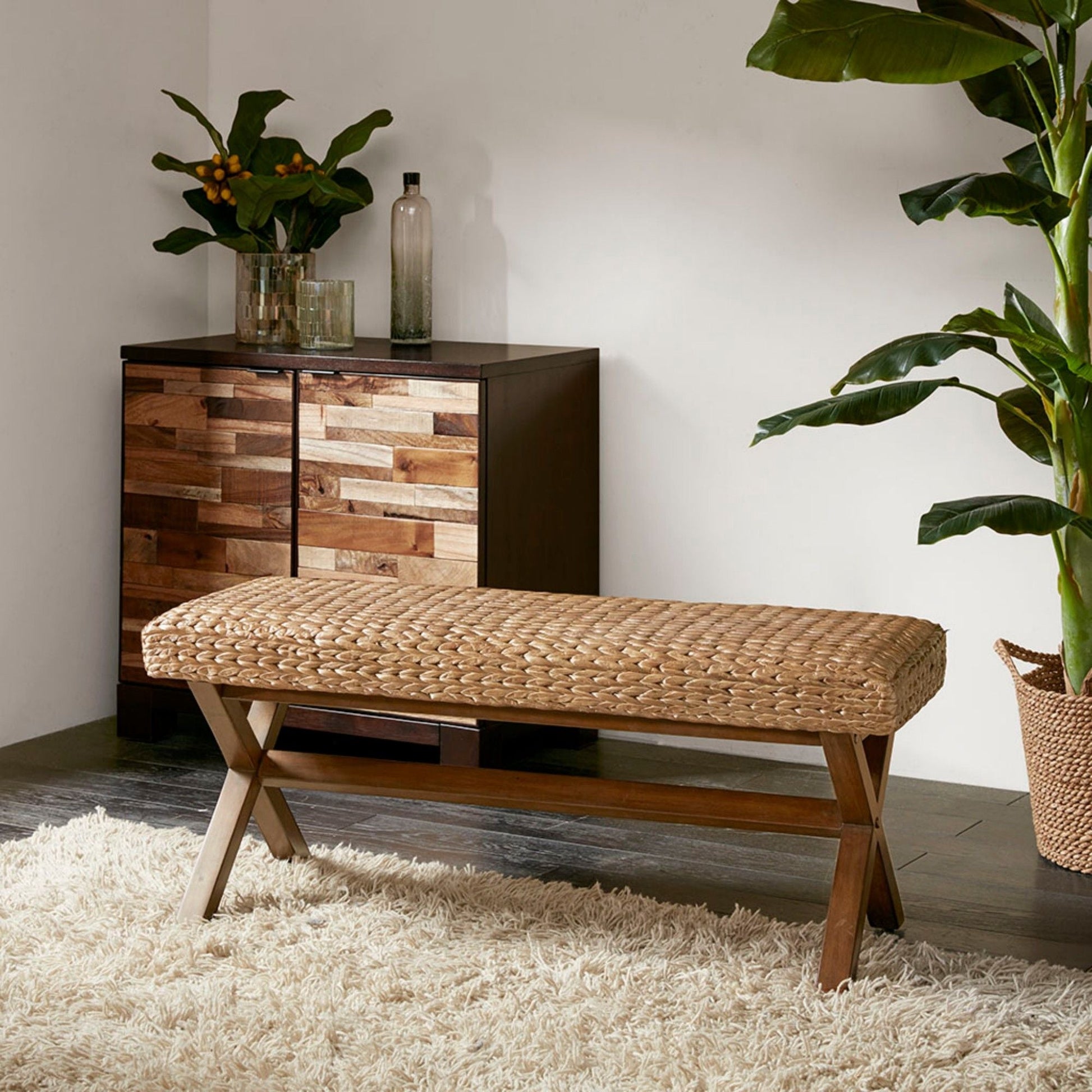 Bench with Water Hyacinth Seat brown, woven seat on wooden frame HouseOfZazla on Tampa Home & Garden Store