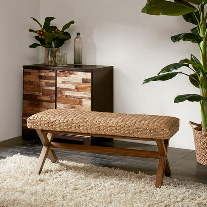 Bench with Water Hyacinth Seat brown, woven seat on wooden frame HouseOfZazla on Tampa Home & Garden Store