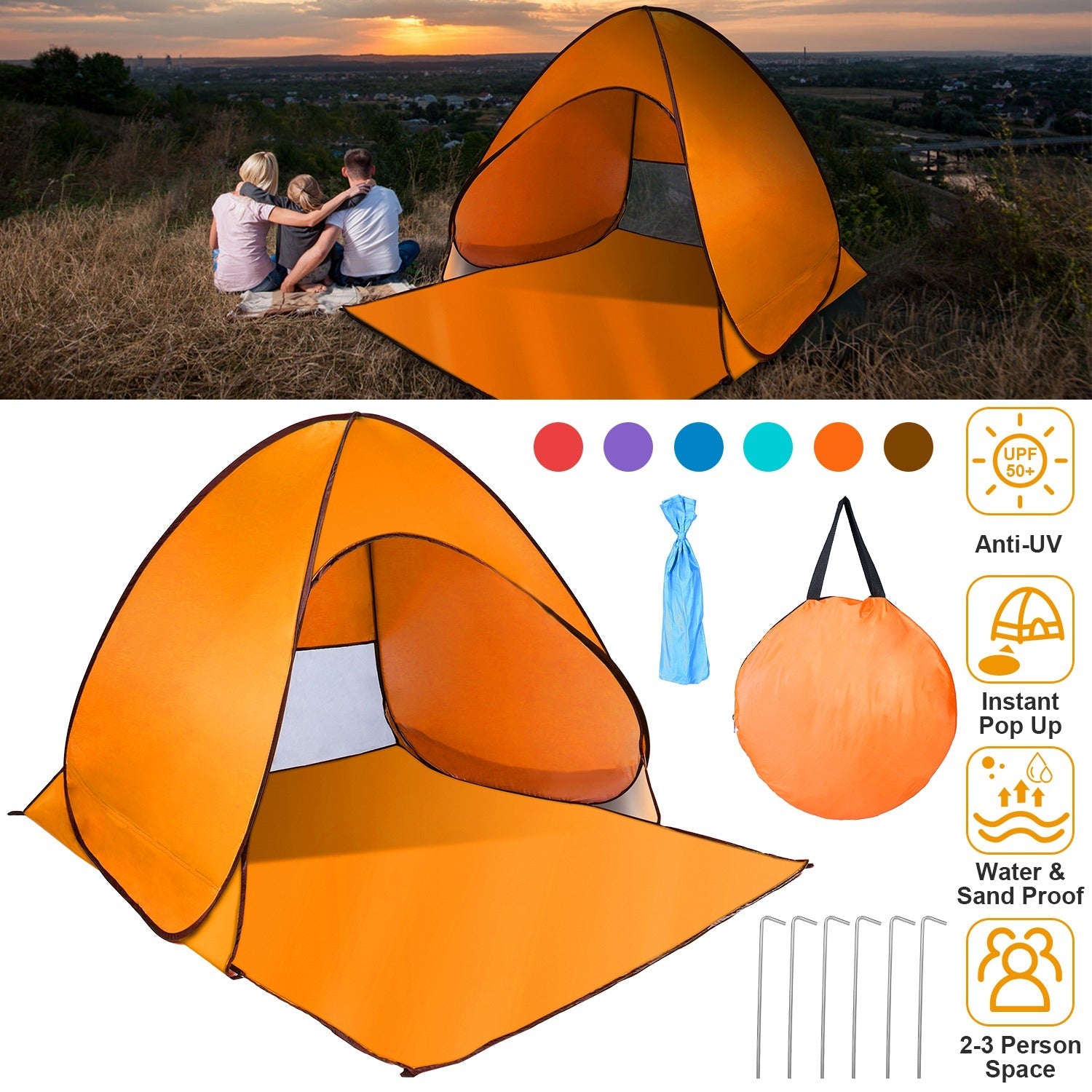 GemGear orange pop-up beach tent anti-UV waterproof shelter for 2–3 with net window and carry bag on Tampa Home & Garden Store