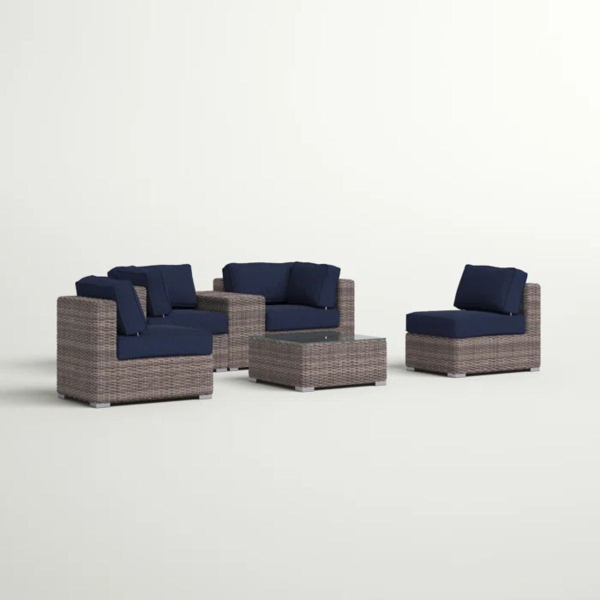 Wicker outdoor seating group with navy cushions and glass table by HouseOfZazla on Tampa Home & Garden Store